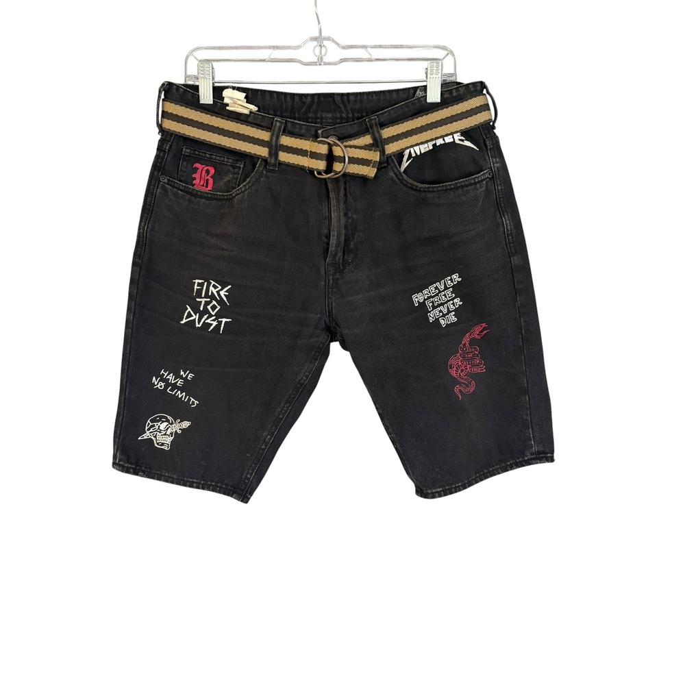 Mens Buffalo Jeans Dean Black Distressed Jorts Tattoo Punk 32 Graffiti Shorts